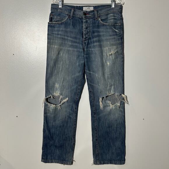 Armani Exchange Distressed Straight Leg 5 Pocket Washed Blue Denim Jeans Mens 31 - Picture 1 of 8